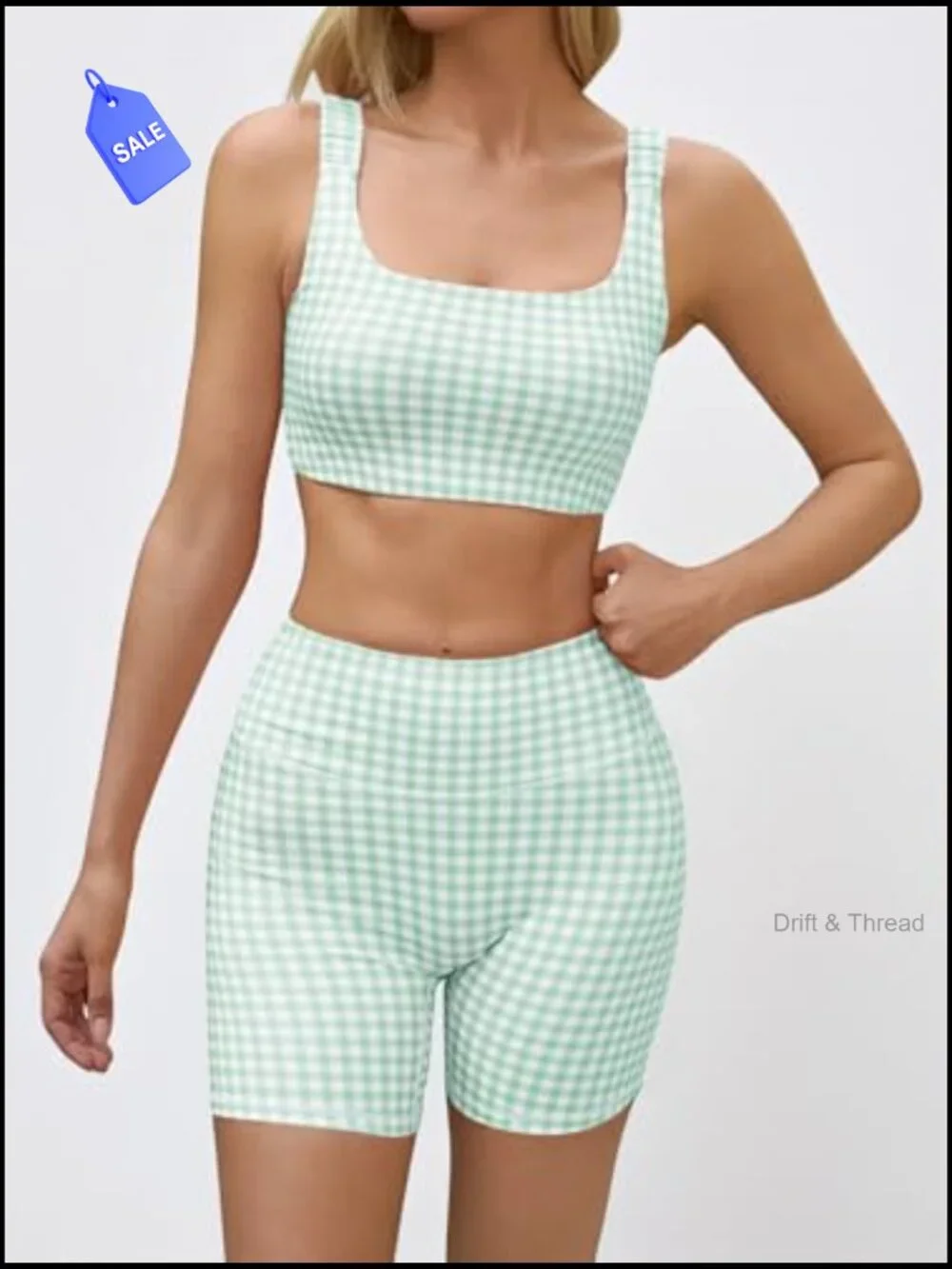 Gingham 2 Piece Outfit Padded Crop Tank High Waist Sports Shorts Set - Picture 5 of 7